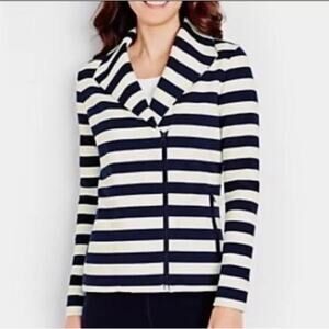 T Talbots Navy White Striped Preppy Nautical Asymmetrical Zip Moto Jacket Small
